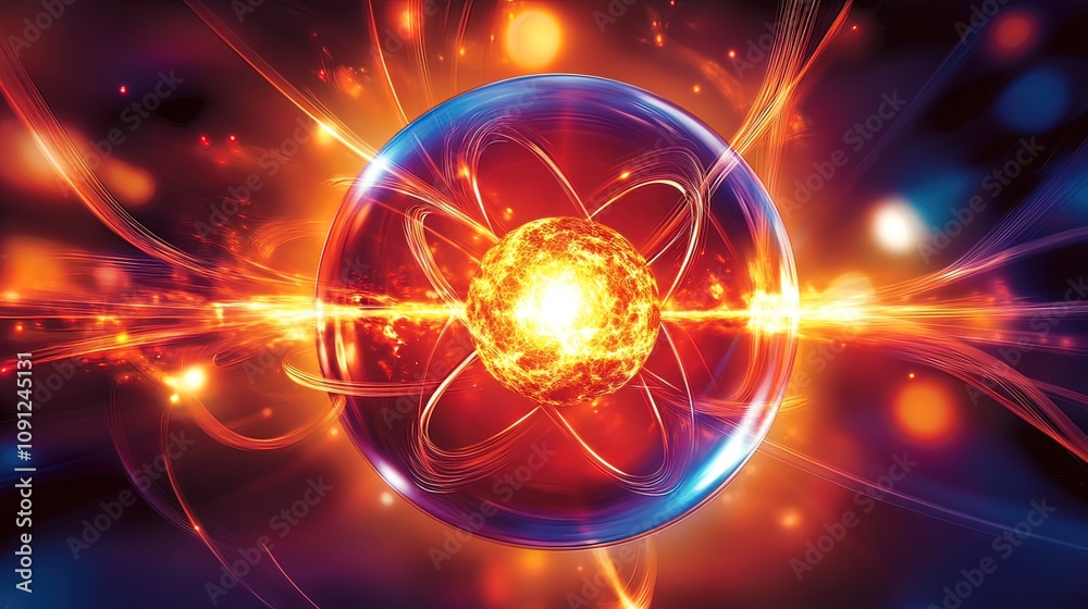 Fototapeta premium Glowing atom model with energy trails.