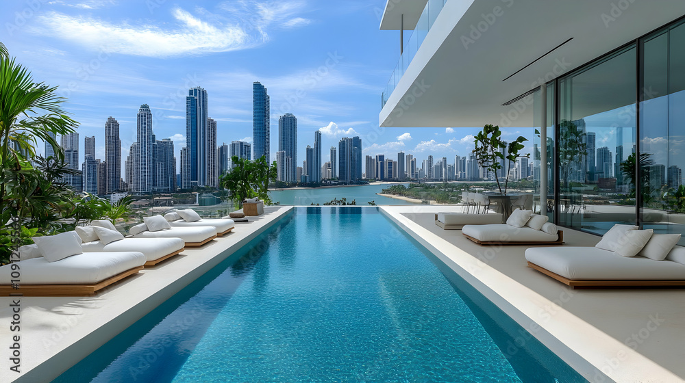 Fototapeta premium Luxury Penthouse Pool Overlooks City Skyline: A Stunning Architectural Design Featuring a Modern Infinity Pool and Tranquil Lounging Area with Panoramic Views.