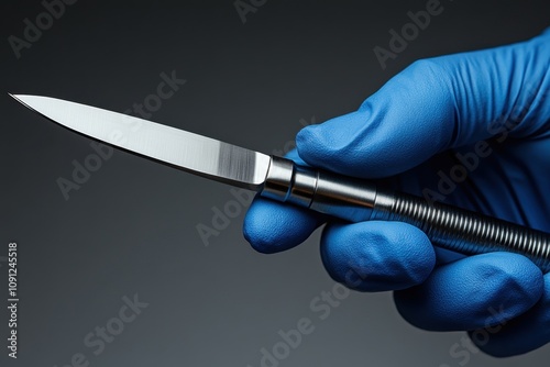 A surgeon’s hand holds a scalpel. On grey background. Professional close-up shot with Canon EF 50mm f/1.2L USM lens on a Canon EOS 5D Mark IV photo