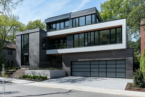 Design a modern house facade with a sharp contrast between grey and white