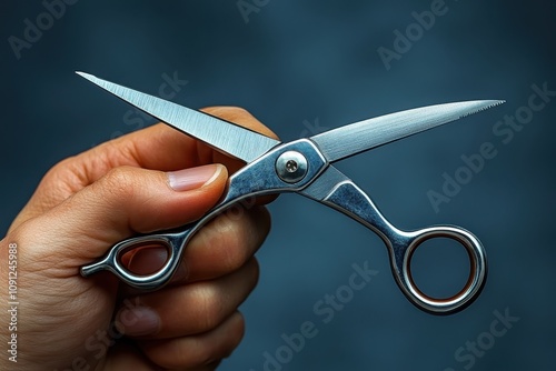 A tailor’s hand holds pinking shears. On grey background. Professional close-up shot with Canon EF 50mm f/1.2L USM lens on a Canon EOS 5D Mark IV photo