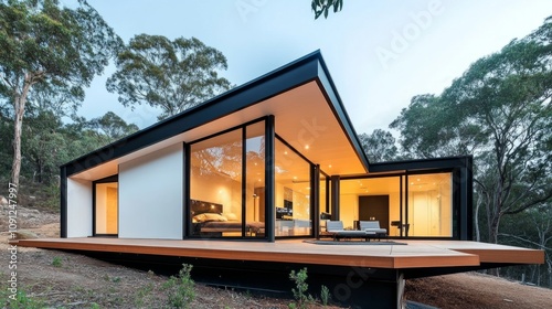 A modern modular prefabricated house with sleek panels and expansive panoramic windows, showcasing an open and airy living space.