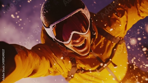 Joyful skier with a wide smile in midst of snowfall photo