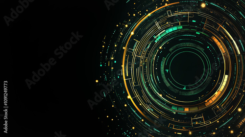 Digital emerald green and golden tech circle on dark background with copy space. Science, futuristic digital technologies concept.	
