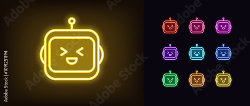 Outline neon laughing robot icon set. Glowing neon chat bot with laugh face. Friendly virtual assistant with emotion, cute bot emoji with AI algorithms, chatbot technology, digital helper. Vector icon