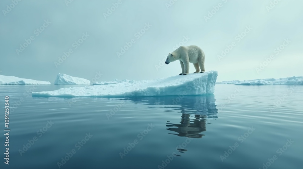 Fototapeta premium Solitary Polar Bear on Shrinking Iceberg in the Arctic.