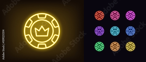 Outline neon royal chip icon set. Glowing neon poker chip with crown icon, king casino club. Royal poker club, gambling token, poker game, casino empire, gaming chip, card game reward. Vector icons