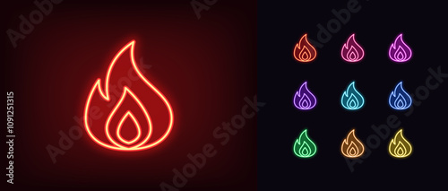 Outline neon fire icon set. Glowing neon fire shape, flame silhouette. Hot content, burning flame shape, fire blaze, super hot, crazy hit, super popular, fiery top, bonfire, super roast. Vector icons