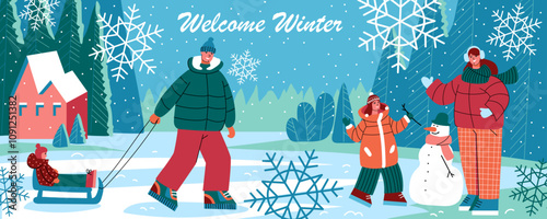 Horizontal winter banner in blue colors. Welcome winter. Dad takes the child on sled. Child is building snowman with his mother. Landscape with house. Family vacation. Festive Christmas card. Vector