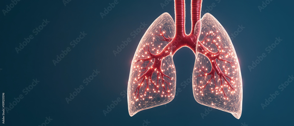 Fototapeta premium Glowing Lungs with Digital Nodes, Abstract Representation of Cardiology on Deep Blue Backdrop, Symbolizing Connectivity and Vitality