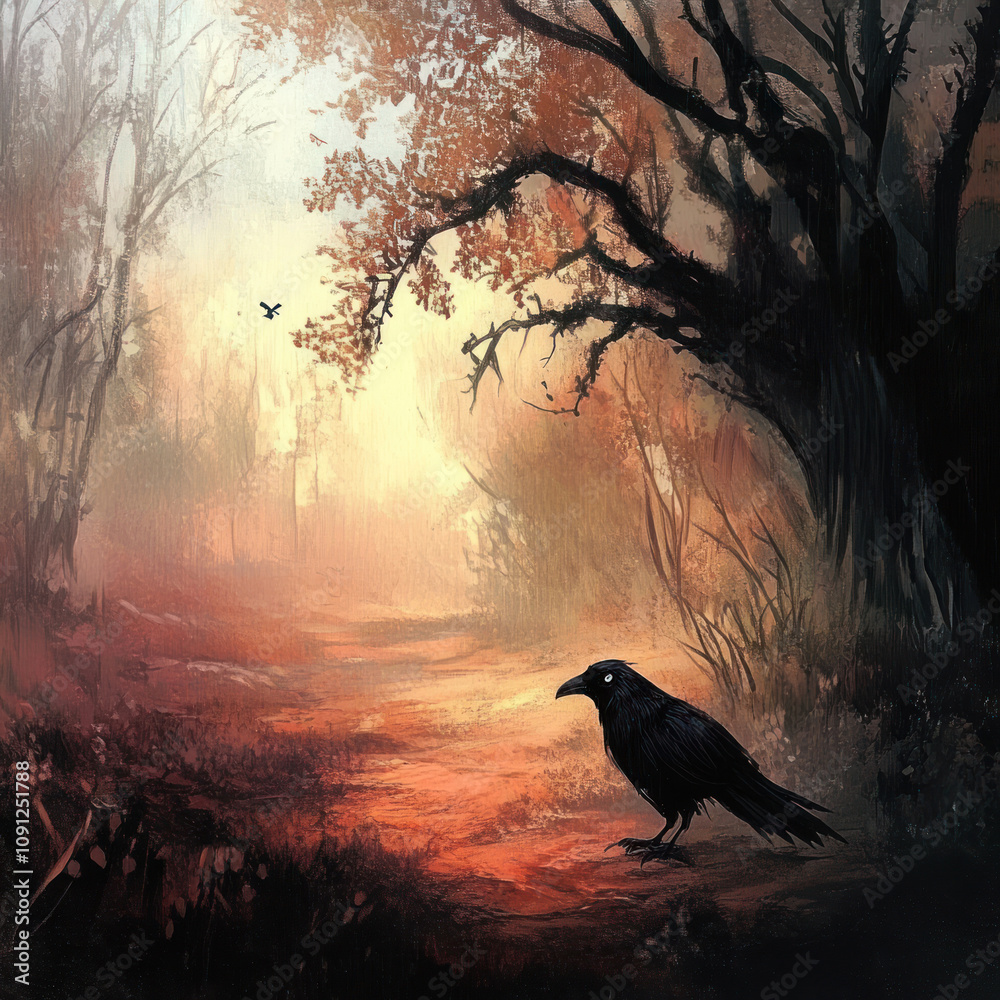 Fototapeta premium a mystical forest scene with fog creating a mysterious atmosphere. The focus is on a black raven standing on the ground illuminated by soft light. 