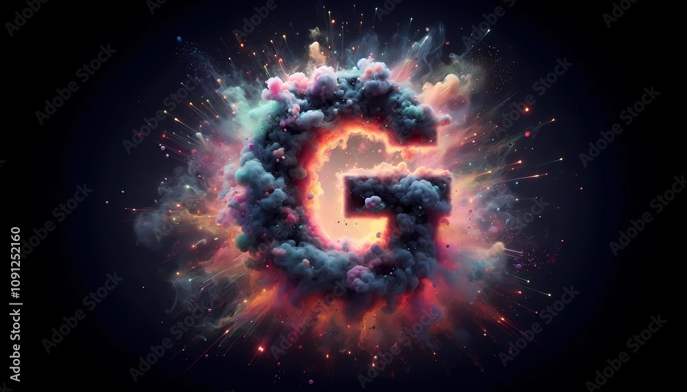 Fototapeta premium Explosive letter G, multicolor dust explosion, black background fog, multicolor light, created with A.I. generative.