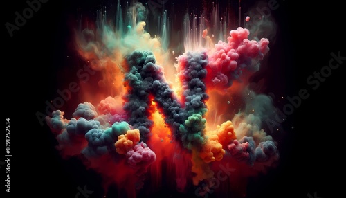 Explosive letter N, multicolor dust explosion, black background fog, multicolor light, created with A.I. generative.