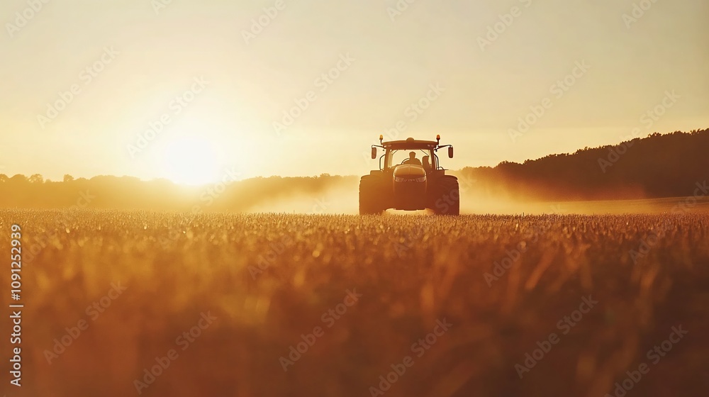 Fototapeta premium Tractor Spraying Soybean Field at Sunset in Countryside Landscape