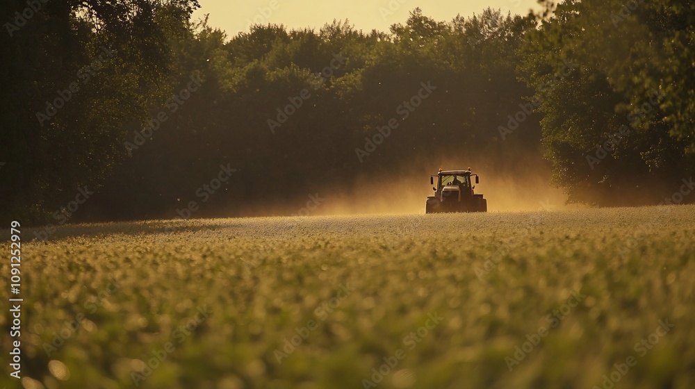 Fototapeta premium Tractor Spraying Soybean Field in Warm Summer Season with Blurred Motion Background