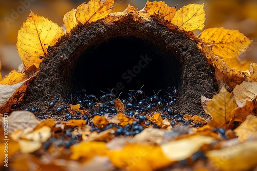 An anthill entrance surrounded by black ants and fallen autumn leaves
