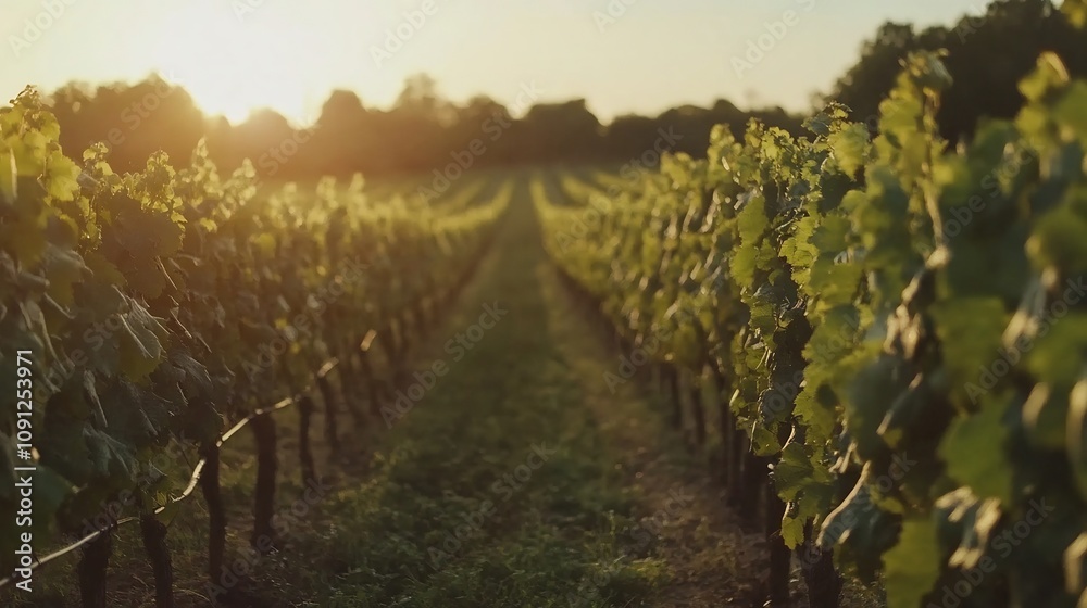 Fototapeta premium Lush Vineyard Field in Golden Summer Sunset Light Overlooking Countryside Hills