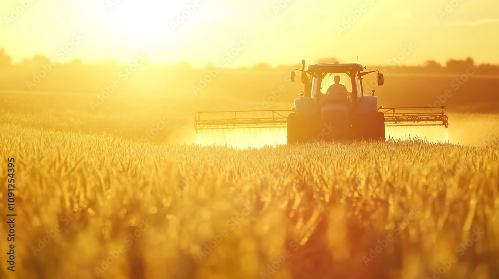 Fototapeta premium Tractor Spraying Soybean Field in Warm Sunset Glow