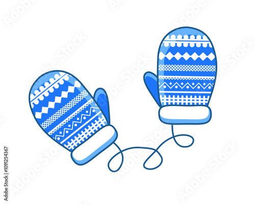 Winter mittens in children's style. Lace gloves on a white background. Winter mittens for postcard design.