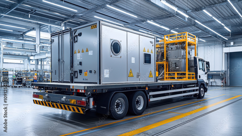 Naklejka premium Compact SMR unit on transport truck in industrial setting, showcasing advanced technology and safety features. vehicle is designed for efficient transport and operation