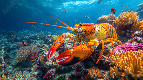 A Serene and Colorful Underwater Landscape with a Caribbean Spiny Lobster Collecting Pollen in an Ecosystem of Marine Life photo