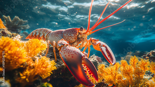 A Fascinating Underwater Scene with a Caribbean Spiny Lobster Engaging in Pollination Among Vibrant Coral Reefs photo