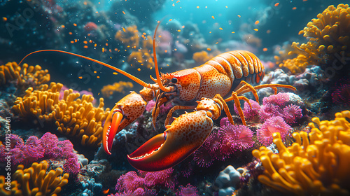 An Immersive Underwater Tableau Featuring a Caribbean Spiny Lobster Amidst Dense Coral Gardens and Floating Pollen Streams