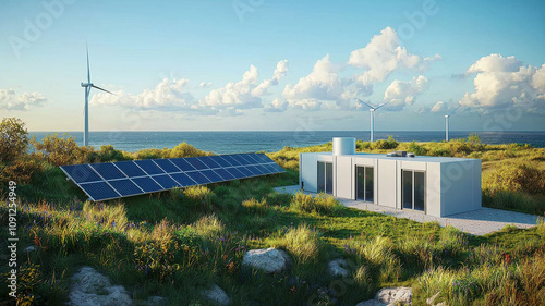 small modular reactor integrated into renewable energy landscape featuring solar panels and wind turbines near ocean. scene conveys sustainability and innovation
