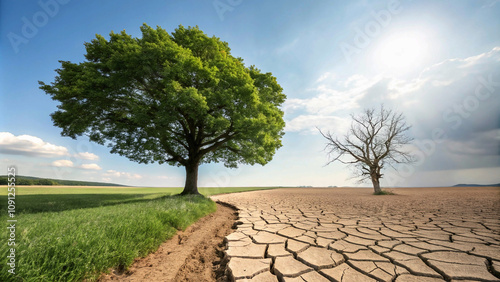 tree in the desert dichotomy of climate impact visualized through the vibrancy of life and the desolation of scarcity.