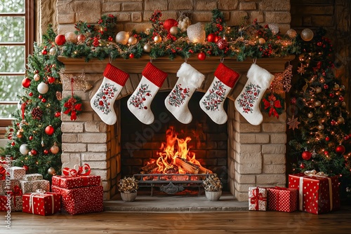 Christmas Decorations Cozy Christmas Fireplace with Stockings and Gifts photo