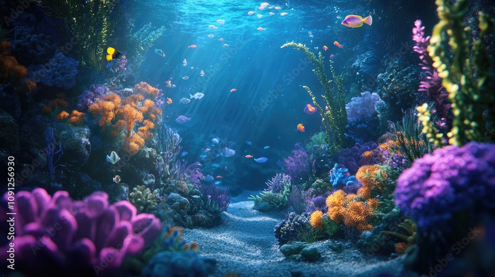 Obraz premium Vibrant underwater scene showcasing exotic marine life among colorful coral reefs in a deep blue aquarium filled with captivating details.