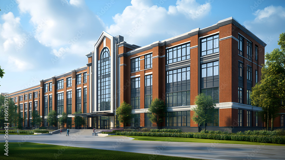 Obraz premium 3D Render of a Brick School Building with Expansive Windows and Landscaping