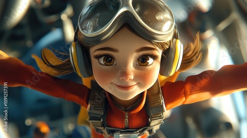 Charming young girl in a vibrant superhero costume, wearing goggles and a confident smile, poised for adventure amid a fantastical backdrop of gears and machinery. photo