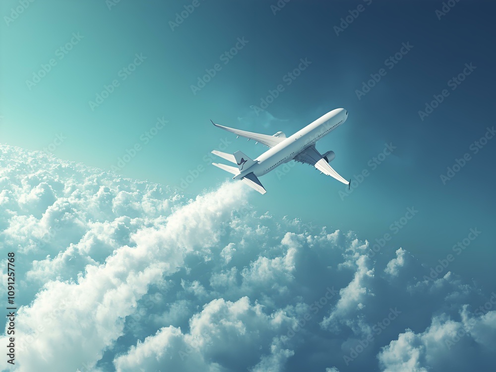 Obraz premium A concept illustration of an airplane flying above the clouds in the background of travel