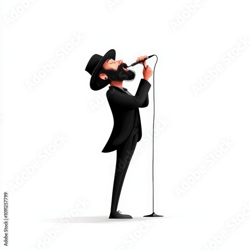 A stylish man in a tuxedo passionately sings into a microphone, embodying elegance and charisma in a performance.