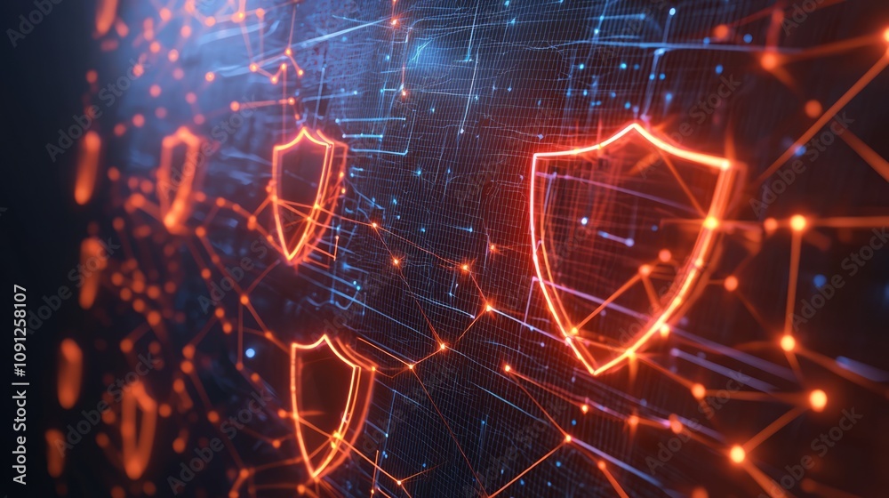 Fototapeta premium Cybersecurity Concept: Abstract Firewall Protection Against Spyware Threats in 3D Render with Radiant Colors on Isolated Dark Background