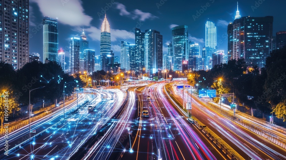 Fototapeta premium A city at night with a lot of traffic and lights