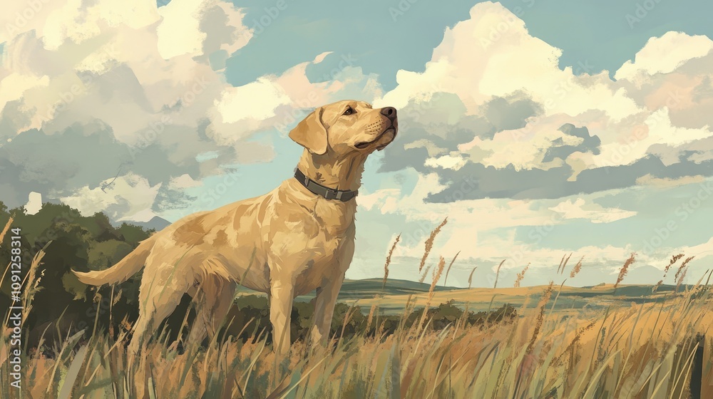Obraz premium A Yellow Labrador Retriever Standing Proudly in a Sunlit Outdoor Field Surrounded by Tall Grass and Dramatic Clouds in a Tranquil Landscape Setting