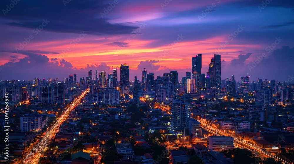 Fototapeta premium A city skyline at dusk with a beautiful orange and pink sky
