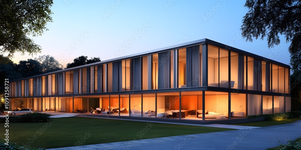 Fototapeta premium Modern architectural structure with large glass windows, illuminated at dusk.
