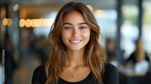 Young Woman Smiling Portrait Indoor Setting photo