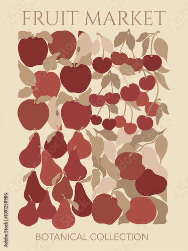 Abstract fruits poster with pears, apples and cherries design. Vintage 70s style groovy vector illustration.