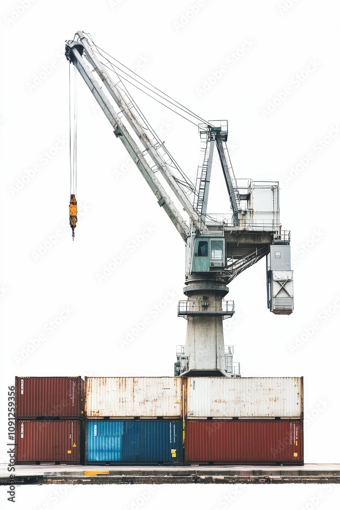 Fototapeta premium Large crane hoisting cargo containers at port.