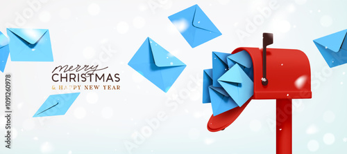 Merry Christmas and New Year festive design with blue postal paper letters flying out from open mailbox. New Year's letters to Santa Claus. Light background sparkle bokeh and snow. Vector illustration