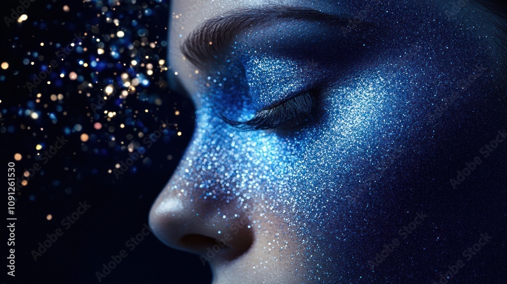 Obraz premium Face adorned with blue glitter in cosmic beauty aura