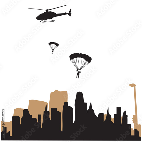 airplane flying over City, City illustration, skydiving 