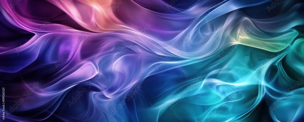 Obraz premium Colorful Abstract Background of Flowing Smoke with Soft Waves and Smooth Gradients in Shades of Blue, Purple, and Green for Dynamic Visual Impact