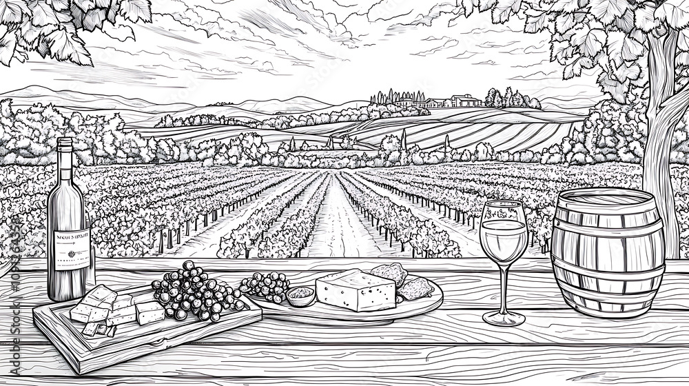 Fototapeta premium Vineyard, coloring wallpaper, the line drawing of a wine glass and a vineyard.