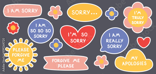 Vector set of stickers with phrases sorry, apologies. Collection of figures with apology quotes in the form of heart, sun, cloud, circle, flower on a dark background. I apologize, I am so sorry.