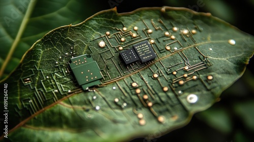 Intricate electronic circuits embedded on a leaf photo